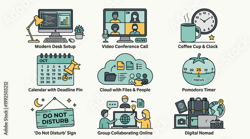 Illustrative concept icons depicting modern workplace essentials, remote productivity tools, and flexible work-from-anywhere lifestyle elements for digital professionals