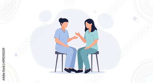 Two nurses in scrubs having a conversation, medical teamwork and consultation illustration