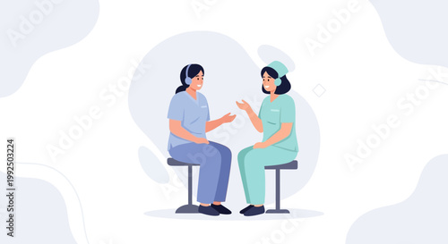 Two nurses in scrubs talking while sitting on stools, medical consultation concept