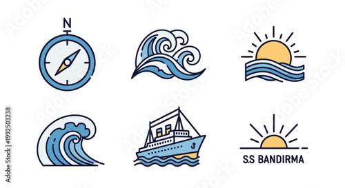 Maritime icons featuring Bandirma ship waves and compass on white