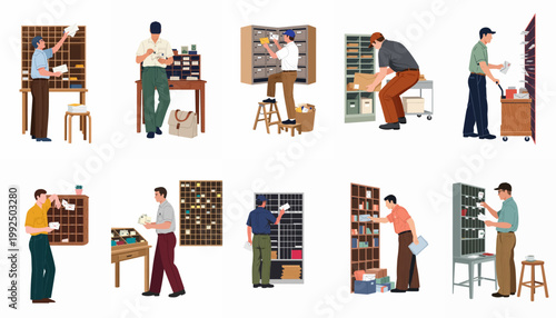 Set of illustrations featuring male postal workers sorting letters and packages in a post office environment with various shelves and pigeonholes.
