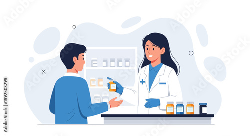 Pharmacist handing medication to customer in modern pharmacy interior