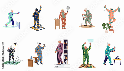 Collection of senior women using virtual reality headsets and modern technology for exercise, gaming, and health monitoring in colorful floral tracksuits.
