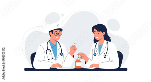 Doctors discussing medication, healthcare professionals in white coats with stethoscope