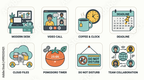 Comprehensive set of modern work and business productivity icons illustrating remote collaboration, office management, and efficient time planning