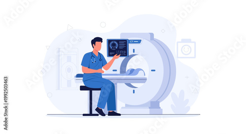 Doctor operating MRI scanner with brain scan display, medical technology concept