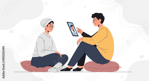 Two people having a video call, discussing a project, remote work, online meeting, modern communication