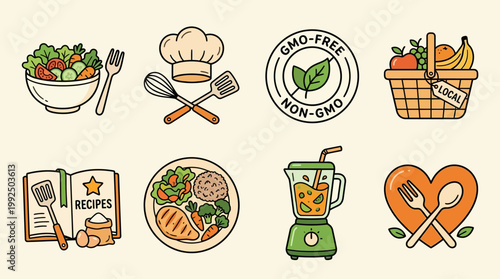 Wholesome Culinary Journey Icons A Collection Symbolizing Healthy Cooking, Fresh Ingredients, and a Nutritious Lifestyle Choices