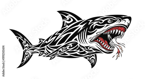 Black and white shark with tribal tattoo.