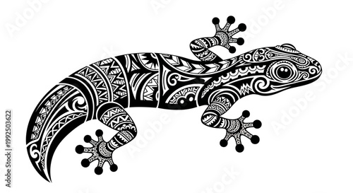 Decorative lizard with tribal tattoo patterns.