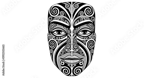 Intricate Black and White Tribal Mask Design.