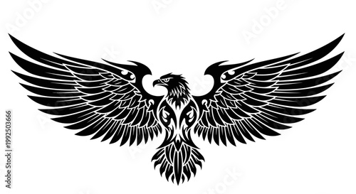 Detailed Black Eagle Illustration Wings Spread.