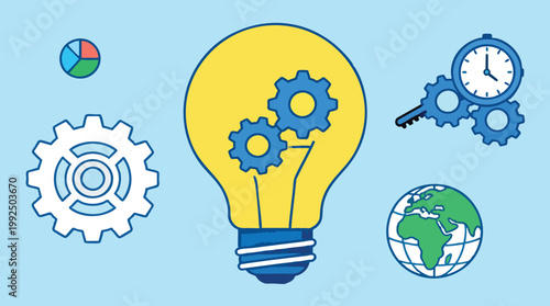 Creative Innovation and Global Management Concept with Lightbulb, Gears, and Globe