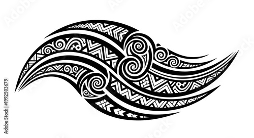 Intricate Polynesian Tribal Tattoo Design with Swirls and Geometric Patterns.
