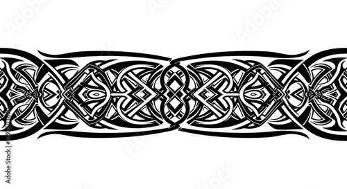 Intricate black and white Celtic knot pattern border design.