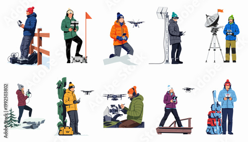 Set of flat illustrations featuring people in winter clothing operating various drones and communication equipment in snowy outdoor environments.