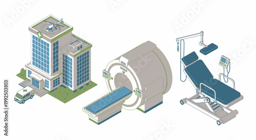 Isometric hospital building mri scanner and medical bed icons