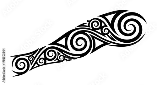 Intricate black tribal tattoo design with swirling patterns and sharp edges.