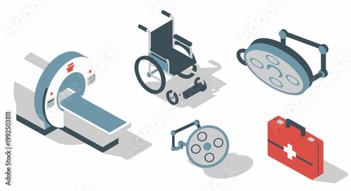 Isometric hospital icons with MRI scanner wheelchair and first aid