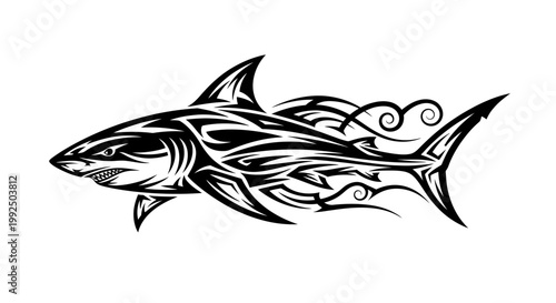 Tribal Shark Tattoo Design with Intricate Swirls and Bold Lines.