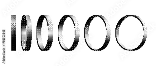 Pixel round shape collection. Bitmap 3D hoop form set. Dither circle element pack for graphic design, banner, poster, leaflet. Rasterized effect halftone orb pack. Vector Y2K geometric bundle