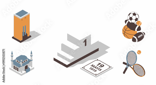 Isometric icons for Turkish May 19 Youth and Sports Day