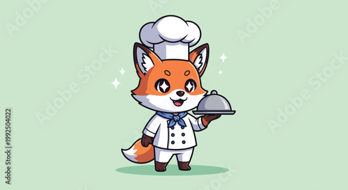 Adorable cartoon fox chef character wearing a white uniform and holding a silver platter.
