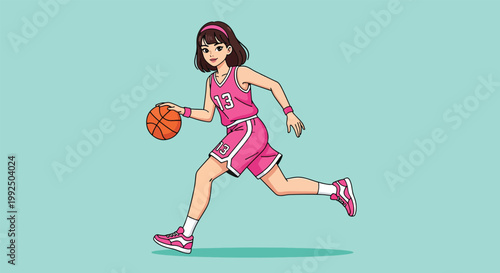 Anime Girl Basketball Player Dribbling Ball in Pink Jersey Illustration.