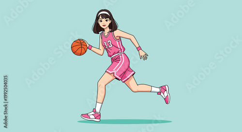 Anime Style Illustration of a Young Woman Playing Basketball in a Pink Uniform.