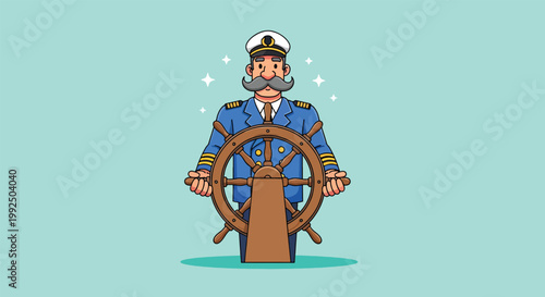 Cartoon Captain Steering Ship Wheel Nautical Adventure.