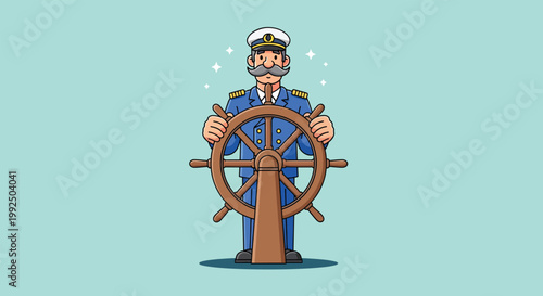 Captain Steering Ship Wheel Cartoon Illustration.