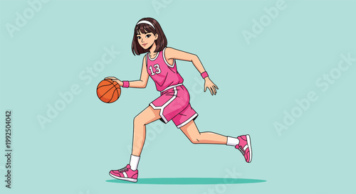 Anime Illustration of a Young Woman Dribbling a Basketball in a Pink Uniform.