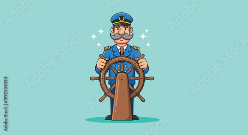 Captain Steering Ship Wheel Nautical Illustration.