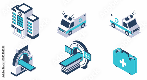 Isometric medical icon set with hospital ambulance and mri scanner