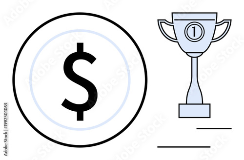 Achievement concept. Achievement with a dollar sign and a trophy for financial success, rewards, and goals. Achievement as motivation, winning, rewards in business, sports, education