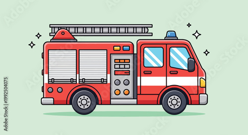 Cartoon Fire Truck Illustration with Ladder and Siren.