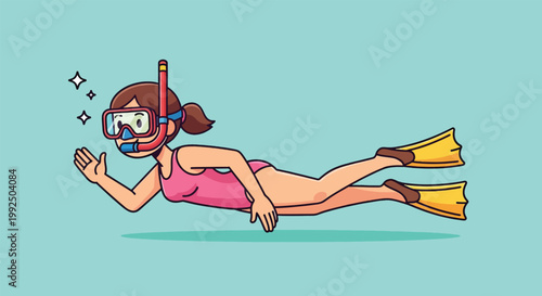 Cartoon Girl Snorkeling Underwater with Goggles and Flippers Vector Illustration.