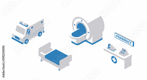 Isometric medical icons with ambulance MRI machine bed and pharmacy