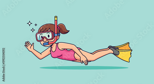 Cartoon girl snorkeling underwater with pink swimsuit and yellow fins.