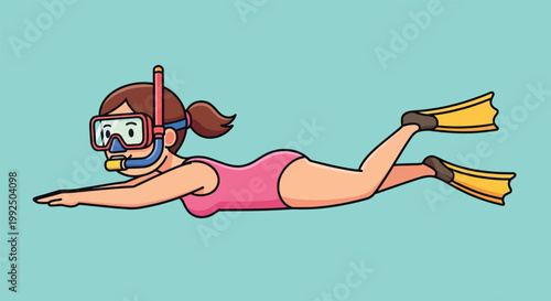 Cartoon Girl Swimming with Snorkel and Flippers.