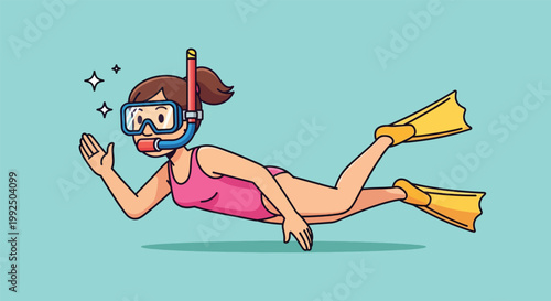Cartoon illustration of a young woman snorkeling underwater in a pink swimsuit and yellow flippers.