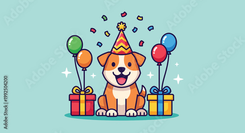 Cute cartoon dog celebrating a birthday with party hat balloons and gifts on a light blue background.