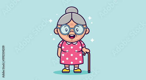 Cute Cartoon Grandmother Character with Walking Stick and Glasses.