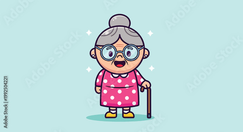 Cute Cartoon Illustration of a Happy Grandmother with a Walking Stick.