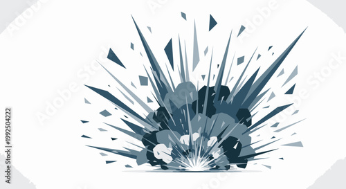 Minimalist blue graphic explosion with flying shards and debris