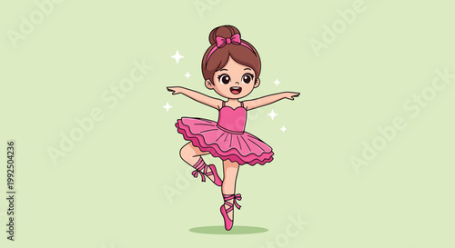 Cute Cartoon Little Girl Ballerina Dancing in Pink Tutu.
