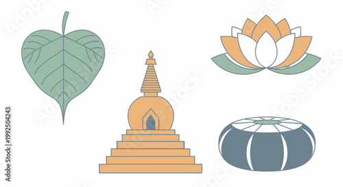 Minimalist Buddhist icons of lotus stupa leaf and meditation cushion