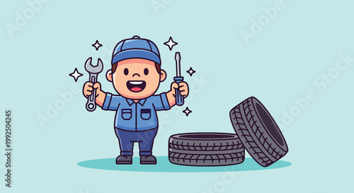 Cute Cartoon Mechanic Character Holding Tools and Standing Near Car Tires.