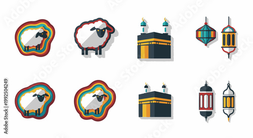 Minimalist Islamic holiday icons with sheep Kaaba and lanterns