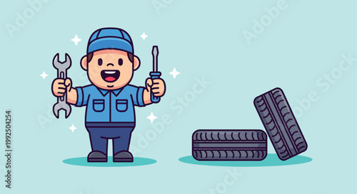 Cute Cartoon Mechanic Character Holding Wrench and Screwdriver with Tires Illustration.